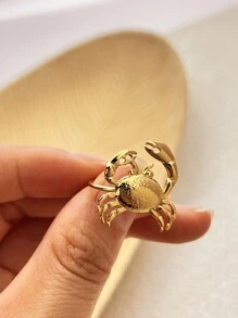 1 件女士简约百搭螃蟹卡通戒指，18K 镀金不锈钢，适合派对、日常佩戴、节日、约会、时尚配饰、秋冬季新品、情人节、圣诞礼物 - 金 - 查看 5