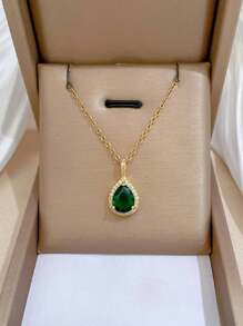 1 件不锈钢链条配水滴绿锆石微镶项链和耳环套装，精美个性化礼品配饰，无礼盒 - 金色 - 查看 3