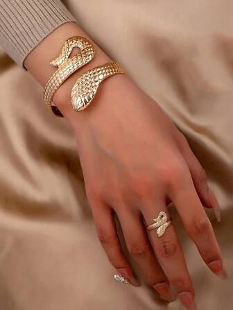 2 件套波西米亚金属小蛇形手镯和戒指套装，适合女性日常佩戴