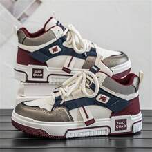 男士新款时尚轻便透气高帮运动鞋，舒适耐用百搭休闲运动鞋，青少年个性化系带运动跑鞋 - 酒紅色 - 查看 5