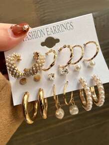 9 对/套时尚镶嵌人造珍珠女士耳环套装，优雅耳环套装，包括水钻耳环、人造珍珠耳环、创意法式复古耳环、不对称人造珍珠吊坠耳环，礼品套装，带卡片包装，适合女性日常佩戴 - 彩色 - 查看 1