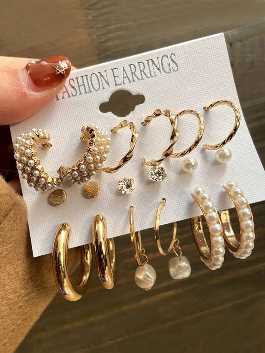 9 对/套时尚镶嵌人造珍珠女士耳环套装，优雅耳环套装，包括水钻耳环、人造珍珠耳环、创意法式复古耳环、不对称人造珍珠吊坠耳环，礼品套装，带卡片包装，适合女性日常佩戴 - 彩色 - 查看 1