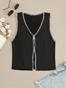 春夏新款时尚单品，春夏音乐节派对法式风针织上衣，返校穿搭，70年代复古毛衣，通勤装，极简主义，办公室穿搭，复古风，简约风，法式风，老钱风 - 黑色 - 查看 4