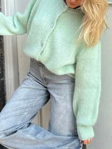 Women Button Up Sweaters Casual Lightweight Solid Color Knit Cardigans Warm Knitwear - Green - View 5