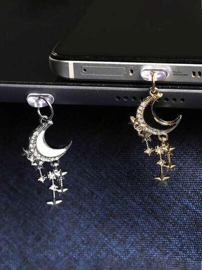 1/6pcs Diamond Studded Moon Tassel Smartphone Dust Plug, Alloy Metal Pendant Accessory, High-End, Personalized, Fashionable, Elegant, Delicate And Romantic Y2K Style Pendant Decoration