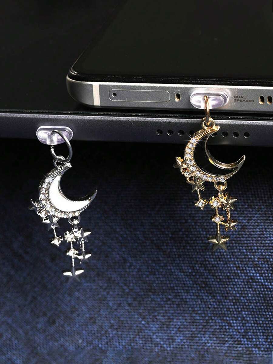 1/6pcs Set Rhinestone Moon Tassel Phone Dust Plug, Alloy Metal Pendant Accessories, High-End, Personalized, Fashionable, Elegant, Exquisite Romantic Y2K Style Pendant Decor