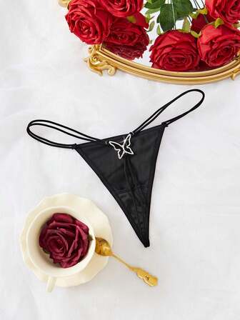 Butterfly Decorated Women's Sexy G-String Panty Lingerie, Black, Rave