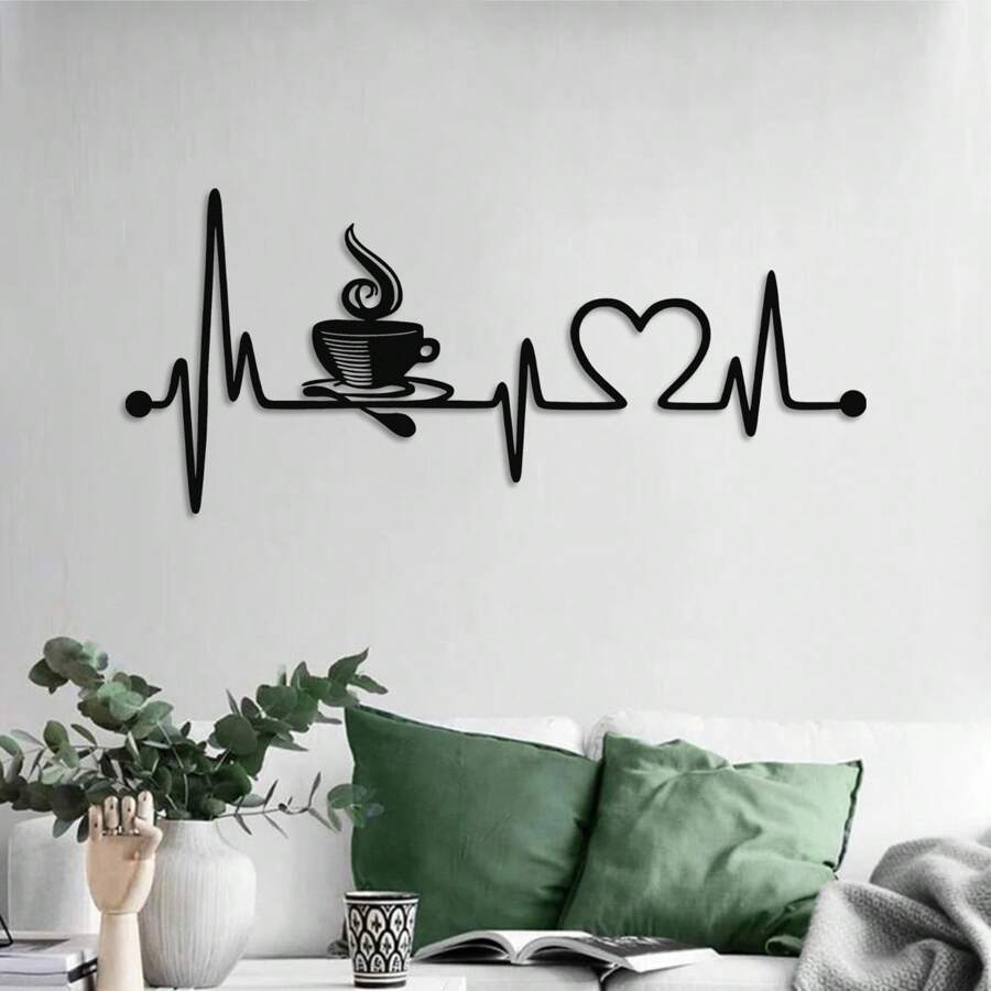Hello Young 1pc Classic Coffee Heartbeat Metal Wall Decor, Art Piece, Suitable For Coffee Lovers Home Decoration, This Bar-Shaped Design Is Humorous And Fashionable, Applicable To Bedroom, Study And Various Spaces, Exquisite Metal Wall Decor, Suitable For Valentine's Day Decoration, Valentine's Day Gift, Home Decor, Room Decor, Wall Decor, Birthday, Graduation Ceremony And Other Occasions.