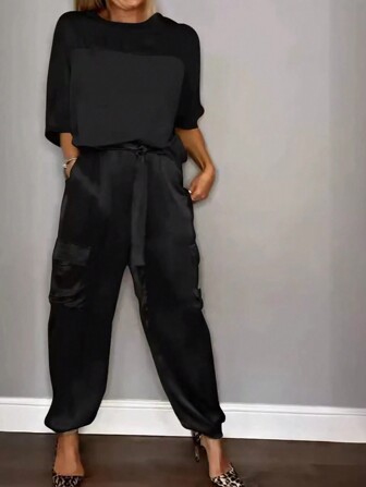 2024 新款时尚光滑缎面无袖上衣和裤子套装，休闲欧美跨境服装