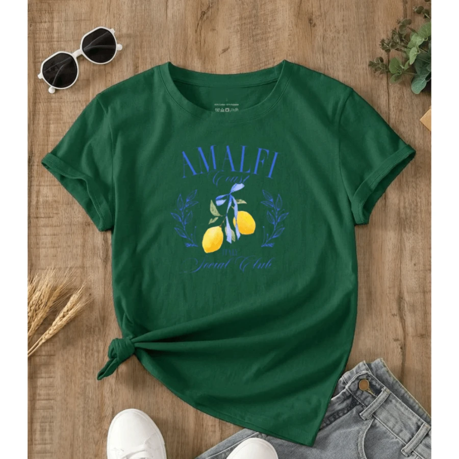 Amalfi Coast Lemon Women's Basic T-Shirt100% Cotton Printed T-Shirt - 綠色 - 查看 1