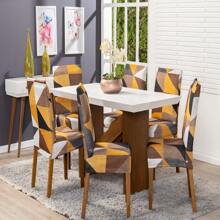 Printed Dining Chair Cover 4 Seater With Elastic Decorative Adjustable Mesh To Protect And Renew - 芥末黃 - 查看 1