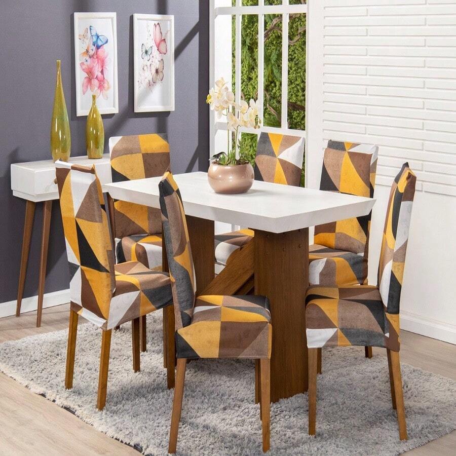 Printed Dining Chair Cover 4 Seater With Elastic Decorative Adjustable Mesh To Protect And Renew - 芥末黃 - 查看 1