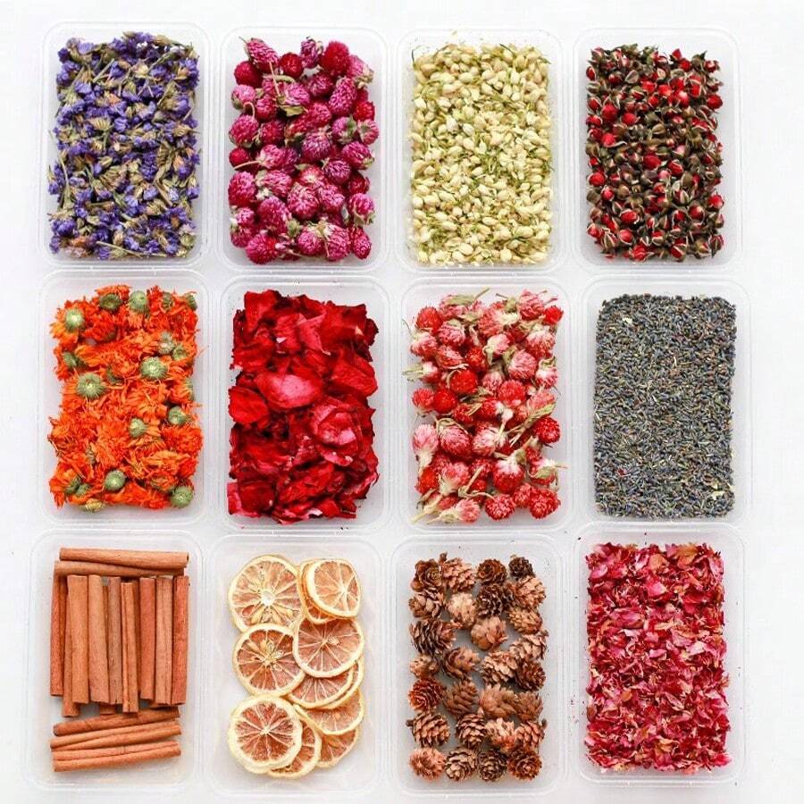 1 pacote (40g) de pétalas de rosas pingando, miosótis azul, flores secas de prunus mume vermelho - adequado para decoração de interiores, vela artesanal faça você mesmo, sachês de flores secas, fabricação de sabão