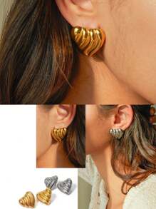 1 Pair Retro Heart-Shaped Stainless Steel Earrings, Suitable For Women's Daily Versatile Fashion Wear, Also Can Be Used As Party, Holiday Gifts Or Valentine's Day Jewelry - Multicolor - View 4