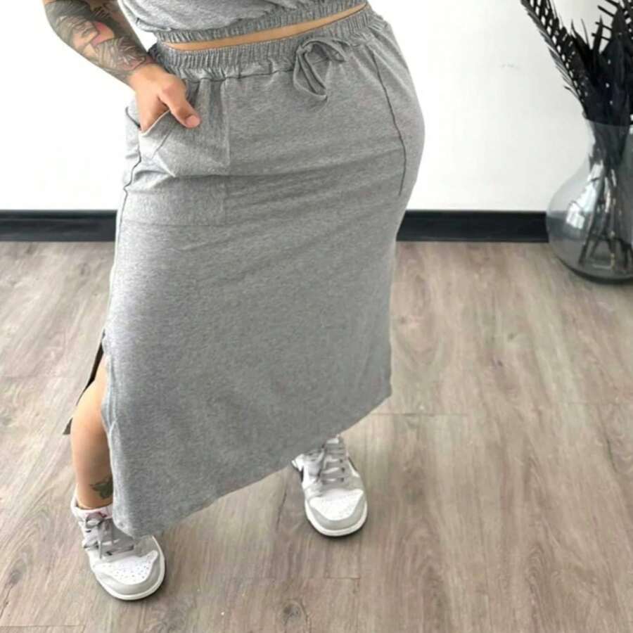 Midi Skirt With Slits And High Waist | Elegance And Luxury In A Classic Piece SIZES P/M/G/Gg/G1 - Xám - Xem 1