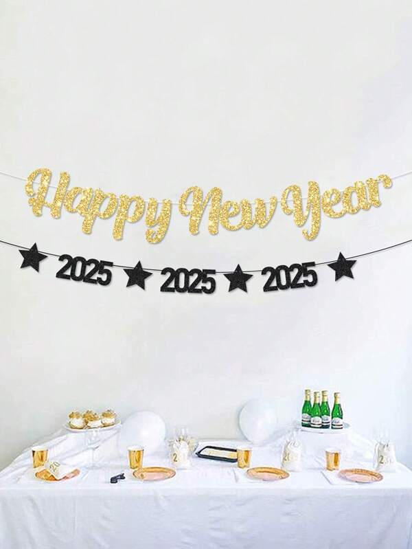 1pc Happy New Year 2025 Star Shaped Garland Banner, New Year Party Scene Decoration Hanging Flags And Flowers, Holiday Supplies