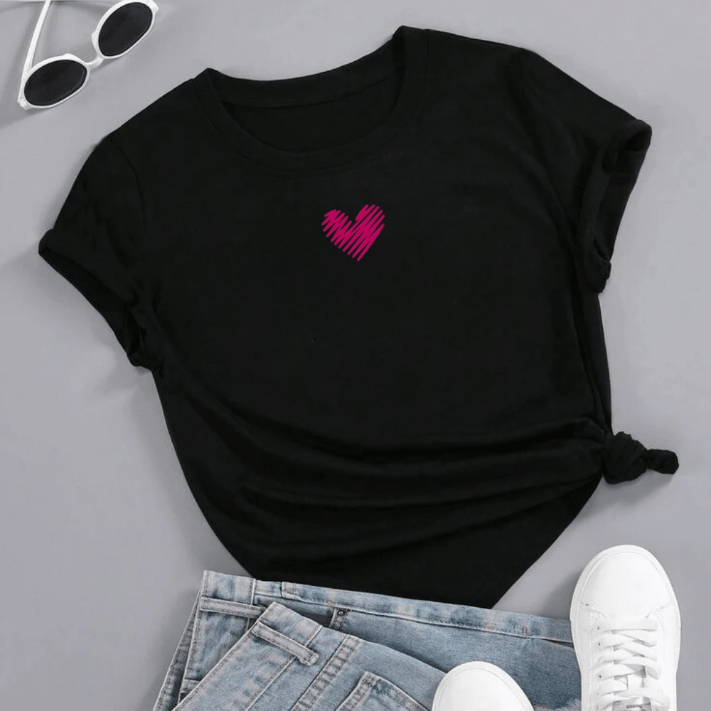 Women's T-Shirt Blouse Flower T-Shirt Astheric 100% Cotton - 黑心 - 查看 1