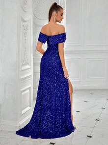 ADYCE Women's Formal Evening Gown Dress With Sequin Patchwork, Off Shoulder, Ruffle, Solid Color, High Slit - Royal Blue - View 2