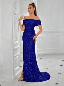 ADYCE Women's Formal Evening Gown Dress With Sequin Patchwork, Off Shoulder, Ruffle, Solid Color, High Slit - Royal Blue - View 6