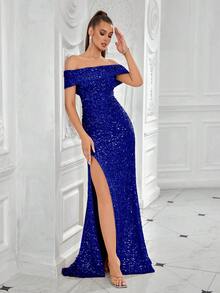 ADYCE Women's Formal Evening Gown Dress With Sequin Patchwork, Off Shoulder, Ruffle, Solid Color, High Slit - Royal Blue - View 4