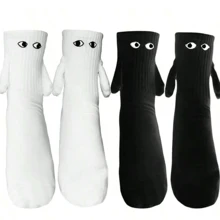 2 Pairs Solid Black & White Outdoor Couple Mid-Calf Holding Hands Socks