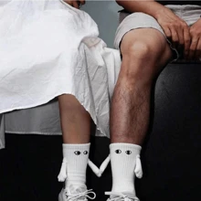 2 Pairs Solid Black & White Outdoor Couple Mid-Calf Holding Hands Socks