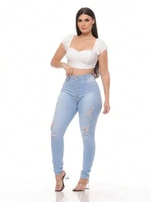 CALCA JEANS FEMININA RASGADA CINTURA ALTA LYCRA