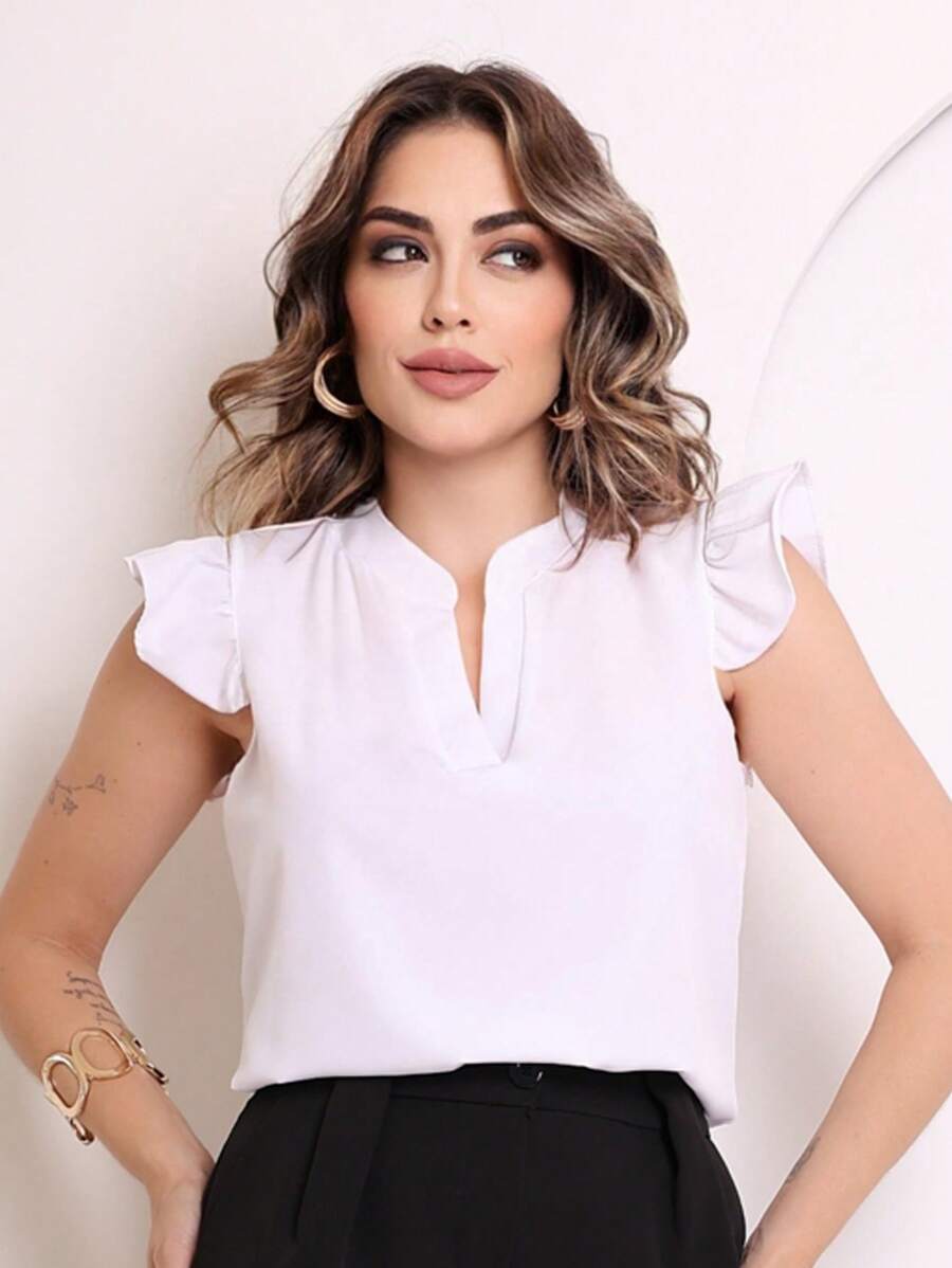 MARILYN MONNA New Women's Solid Color Classic V-Neck Ruffle Elegant Notched Neck Sleeve Blouse - 白色 - 查看 1