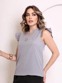 MARILYN MONNA New Women's Solid Color Classic V-Neck Ruffle Elegant Notched Neck Sleeve Blouse - 淺灰色 - 查看 5