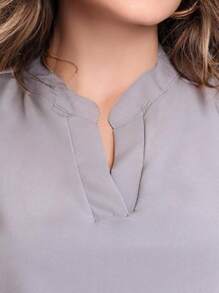 MARILYN MONNA New Women's Solid Color Classic V-Neck Ruffle Elegant Notched Neck Sleeve Blouse - 淺灰色 - 查看 3