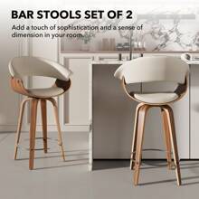 Bar Stools Set Of 2, PU Leather Upholstered Counter Height Bar Stools With Open Back, Stylish Barstool With Wood Legs, Swivel Bar Chair, Counter Stools For Kitchen Island - 米色 - 查看 3