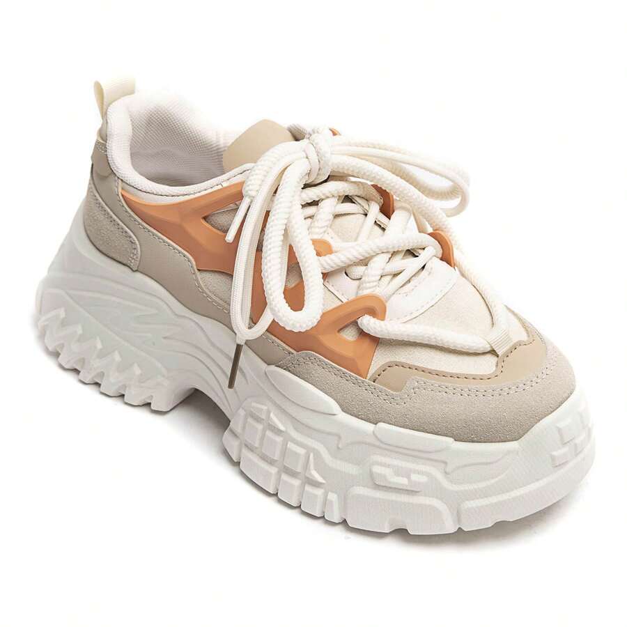 Fashionable Casual Contrast Color Thick Sole Sneakers - Orange - View 1
