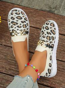 女士豹纹针织透气防滑橡胶底休闲运动鞋，金属装饰，适合户外运动，秋季日常穿着 - 豹紋色 - 查看 3