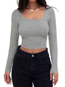 OUTBALL Women's Square Neck Long Sleeve Slim Fitted Casual Long Sleeve Shirts Basic Crop Top 2024 Clothes - 灰色 - 查看 1