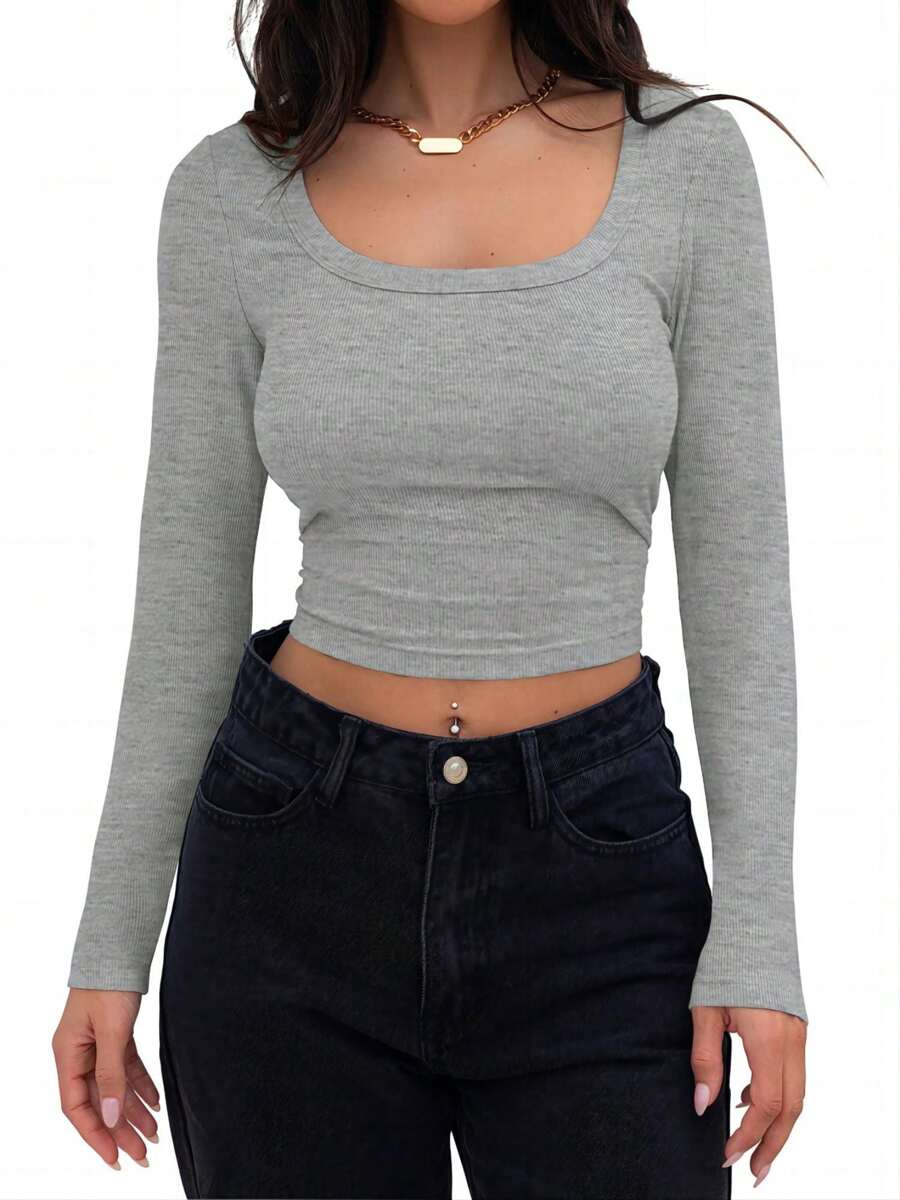 OUTBALL Women's Square Neck Long Sleeve Slim Fitted Casual Long Sleeve Shirts Basic Crop Top 2024 Clothes - 灰色 - 查看 1