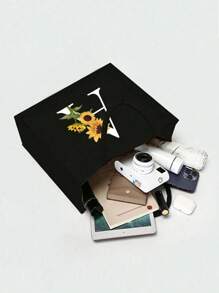 Bolsa de lona negra, que incluye una bolsa con iniciales impresas de la A a la Z y una bolsa pequeña impresa, con estampado de girasoles y flores, letras, flores, paquete de regalo personalizado, bolsa de lona negra - Negro - Ver 4