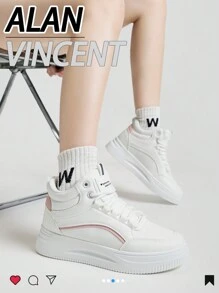 Alan Vincent 2025 New High Top White Shoes For Women Ladies Flat Sneakers Comfortable Casual Sport Shoes Can Be Paired With Any Outfit - White - View 4
