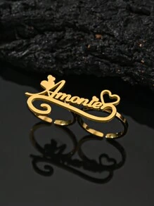 1pc Double Ring Fashion Ring, Open Ring, Personalized Customized Text, 18k Gold Stainless Steel Jewelry, Comes With Exquisite Gift Box, As A Family, Friend, Christmas Gift
