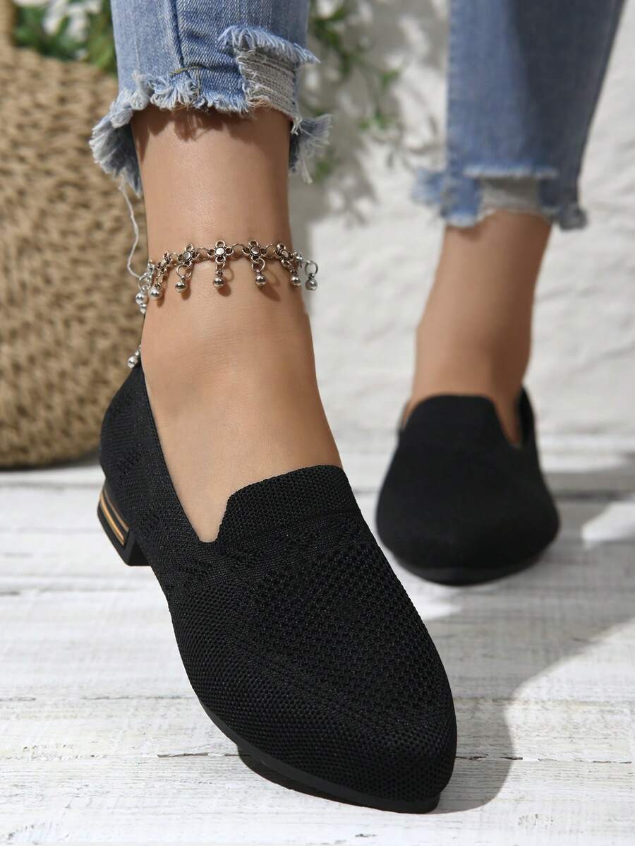 Women's Versatile Casual Comfortable Low Block Heel Pointed Toe Slip-On Sneakers, Suitable For All Seasons - Black - View 1