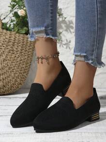 Women's Versatile Casual Comfortable Low Block Heel Pointed Toe Slip-On Sneakers, Suitable For All Seasons - Black - View 4