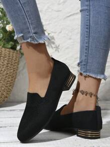 Women's Versatile Casual Comfortable Low Block Heel Pointed Toe Slip-On Sneakers, Suitable For All Seasons - Black - View 5