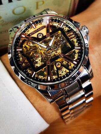 AOKULASIC 1pc Men's Rose Gold Hollow Automatic Mechanical Watch, Luxury Engraved Dial, Luminous Hands, Stainless Steel Strap, Business & Casual Vintage Wristwatch, Birthday & Holiday Gift