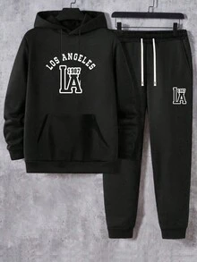 大码男式 LA 字母图案连帽衫和运动裤套装 - 黑色 - 查看 2