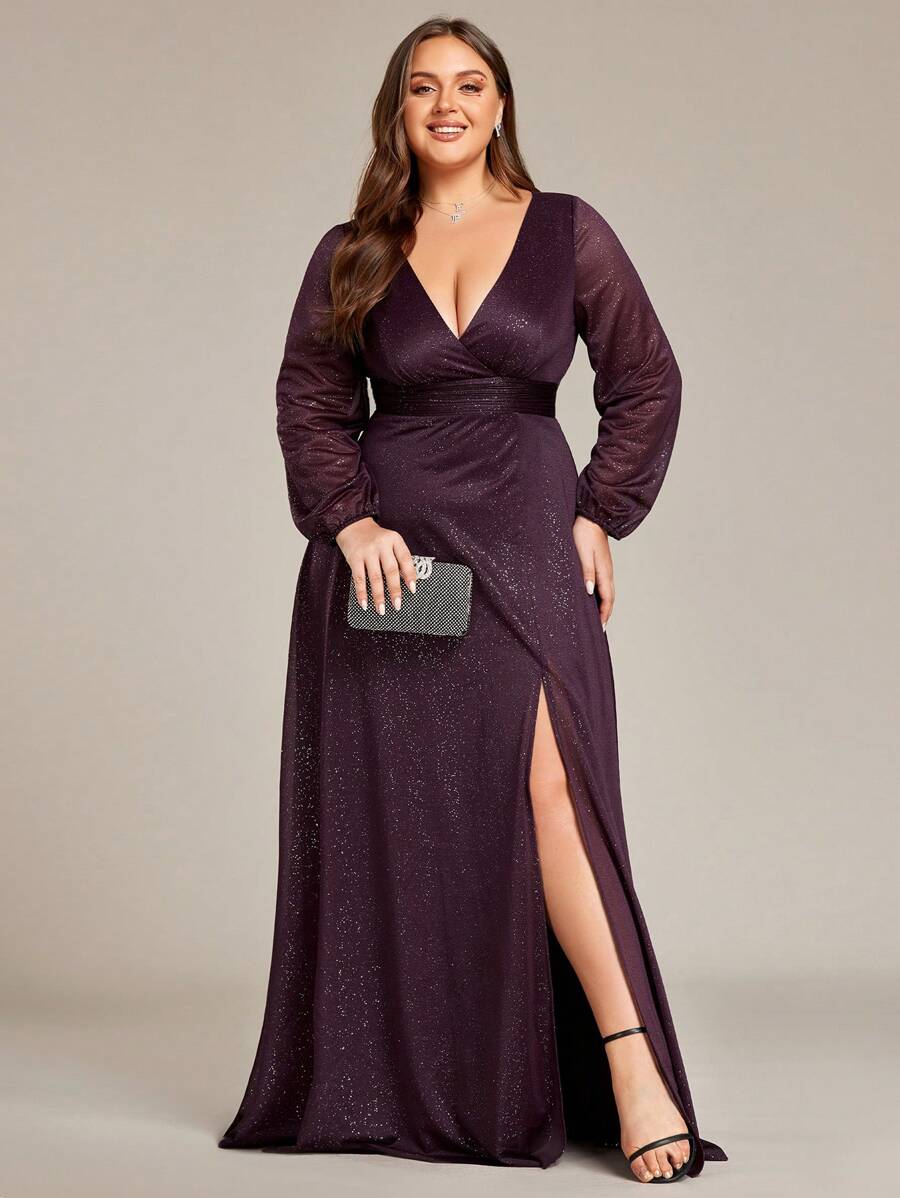 EVERPRETTY Plus Size Women Deep V-Neck Puff Sleeve Split Long Dress - Purple - View 1
