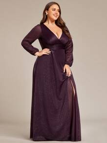 EVERPRETTY Plus Size Women Deep V-Neck Puff Sleeve Split Long Dress - Purple - View 4