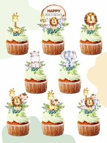 16pcs Jungle Animal Style Cake Topper, Jungle Animal Theme Birthday Babe Shower Party Decoration Supplies, Wild One Cup Cake Decorations, Baking DIY Accessories