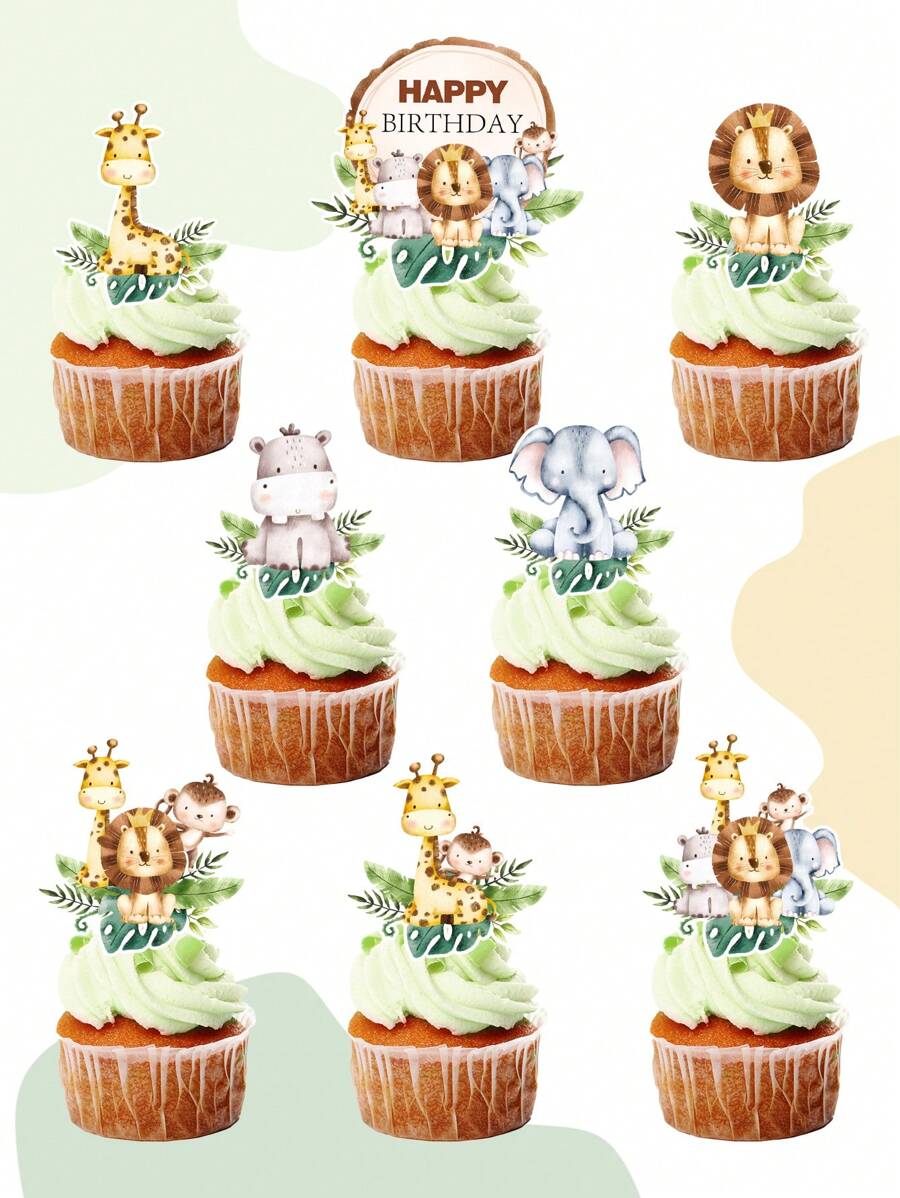 16pcs Jungle Animal Style Cake Topper, Jungle Animal Theme Birthday Babe Shower Party Decoration Supplies, Wild One Cup Cake Decorations, Baking DIY Accessories
