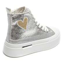 Women's Thick Sole Lace-Up Sneakers, With Heart-Shaped Patch, Available In Multiple Colors - Silver - View 4
