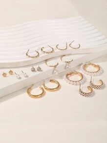 9 对/套时尚镶嵌人造珍珠女士耳环套装，优雅耳环套装，包括水钻耳环、人造珍珠耳环、创意法式复古耳环、不对称人造珍珠吊坠耳环，礼品套装，带卡片包装，适合女性日常佩戴 - 彩色 - 查看 4