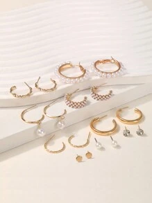 9 对/套时尚镶嵌人造珍珠女士耳环套装，优雅耳环套装，包括水钻耳环、人造珍珠耳环、创意法式复古耳环、不对称人造珍珠吊坠耳环，礼品套装，带卡片包装，适合女性日常佩戴 - 彩色 - 查看 3